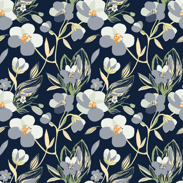 Hand drawn grey blooming flowers seamless pattern. Botanical floral and leaves background. Vector print, texture on dark background. - Vector, Imagen