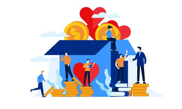 donation box charity with big heart and mini people flat illustration design - Vector, Image