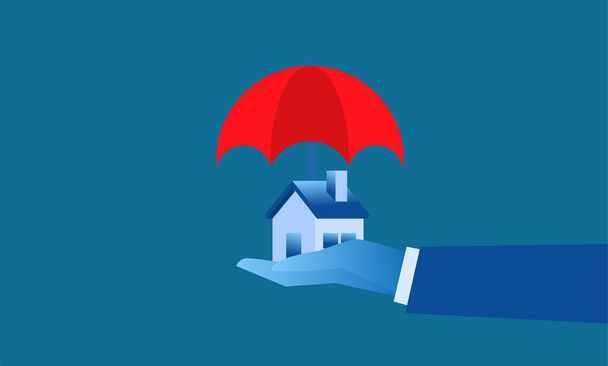 シンプルなイラスト家の保護プレゼンテーションやバナーのための小さな家の保険の概念を保護するための大きな手は赤い傘を保持 - ベクター画像