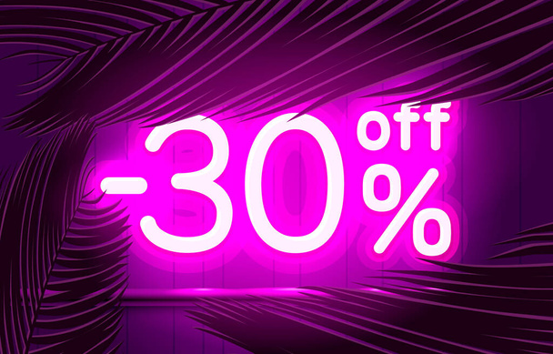 Neon frame 30 off text banner, summer bar promotion. Night Sign board. Vector - ベクター画像