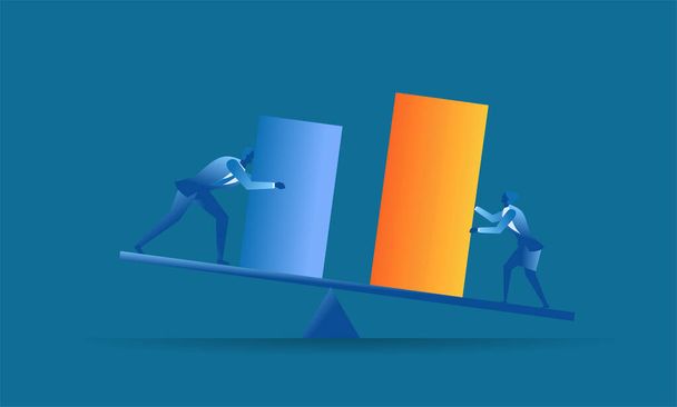 man holding the blue bar as cost and woman holding the orange bar as profit concept illustration About profits must be greater than costs economic principles flat design for presentation web banner UI UX landing page - Vector, afbeelding