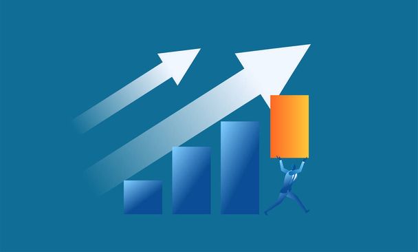 Businessman raised the bar chart concept illustration sales target marketing the businessman trying hard to increase sales and profits flat design - Vector, Image