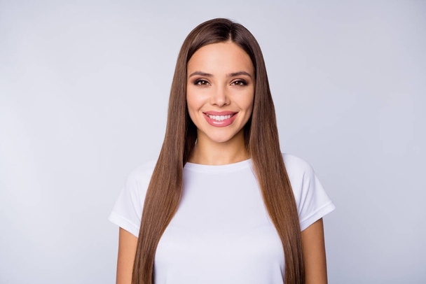 Close-up portrait of her she nice-looking attractive lovable adorable perfect well-groomed cheerful cheery straight-haired girl isolated over light white gray pastel color background - Foto, Bild