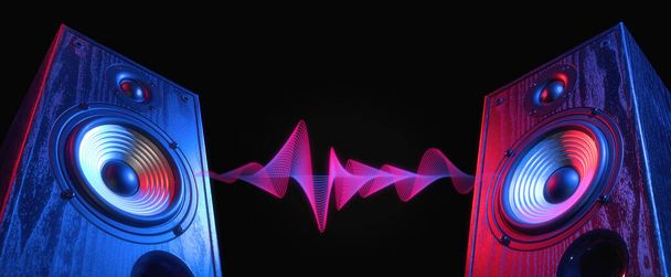 Due altoparlanti sonori in luce al neon con onda sonora tra loro su nero. - Foto, immagini