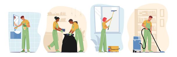 Állítsa be a karakterek egyenruha berendezések tisztítása ablakok, fürdőszoba és nappali. Professzionális takarítószolgálat - Vektor, kép