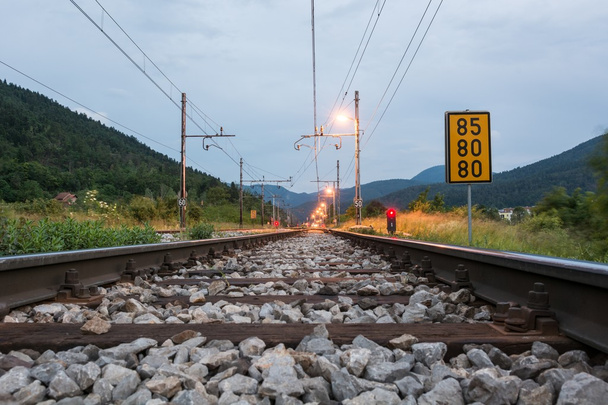 Railroad tracks passing a sign  - Photo, Image