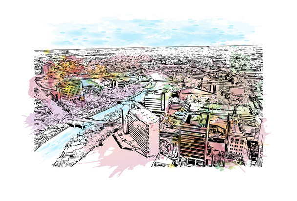Print Gebouw uitzicht met bezienswaardigheid van Flint is de stad in Michigan. Aquarel plons met de hand getekend schets illustratie in vector. - Vector, afbeelding