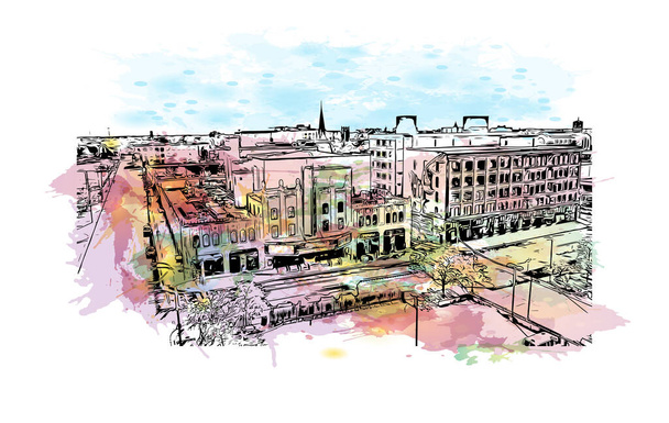 印刷フリントのランドマークとビルの景色はミシガン州の街です。手描きのスケッチイラストと水彩スプラッシュベクトル. - ベクター画像