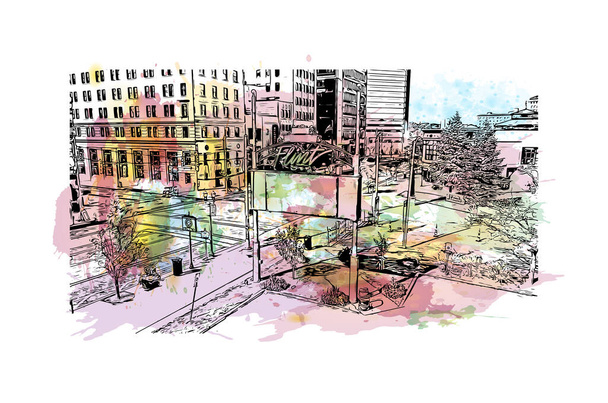 Print Building view with landmark of Flint is the city in Michigan. Watercolor splash with hand drawn sketch illustration in vector. - Vector, Image
