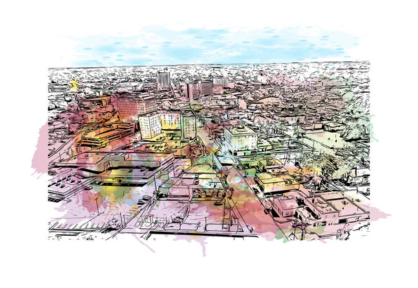 Print Building vista com marco de Flint é a cidade em Michigan. Esguicho aquarela com desenho à mão ilustração em vetor. - Vetor, Imagem