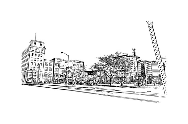 Вид Print Building з орієнтиром Флінта - місто в Мічигані. Намальована вручну ілюстрація у векторі. - Вектор, зображення