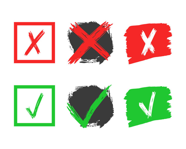Set de seis elementos de jaque y cruz dibujados a mano aislados sobre fondo blanco. Grunge garabato verde marca de verificación OK y rojo X en diferentes iconos. Ilustración vectorial - Vector, imagen