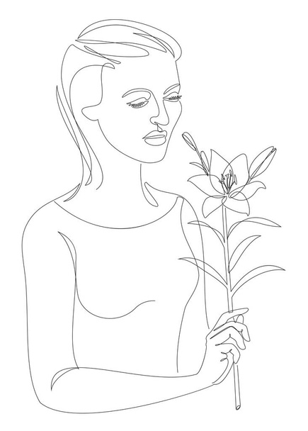 Dziewczyna trzyma kwiat lilii w ręku. Sylwetki w nowoczesnym modnym stylu z jedną linią. Solidny zarys wystroju, plakatów, naklejek, logo. Ilustracja wektora. - Zdjęcie, obraz