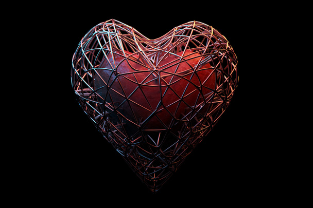 Ένα τρισδιάστατο εικονογραφημένο σχήμα καρδιάς μέσα σε μεταλλικό κλουβί. - Φωτογραφία, εικόνα