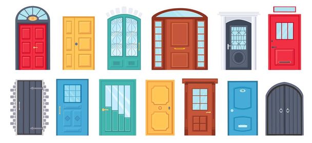 Retro doors. Cartoon front doorway exterior with brick wall. House or office entrance with glass. Wooden door design with handle vector set - Вектор, зображення