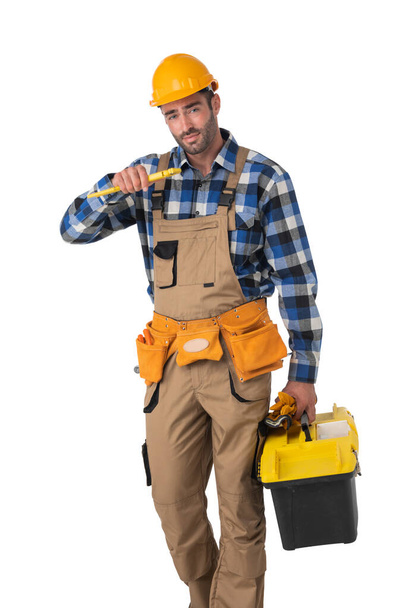 Portrait of construction worker with toolbox and wrench isolated on white background - Foto, Imagem
