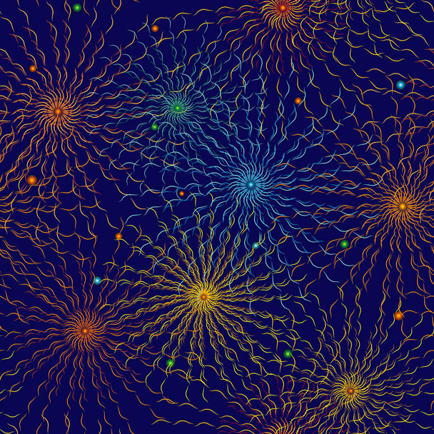 Vektor, zökkenőmentes kép a Stilizált tűzijáték formájában Sötétkék háttéren - Vektor, kép