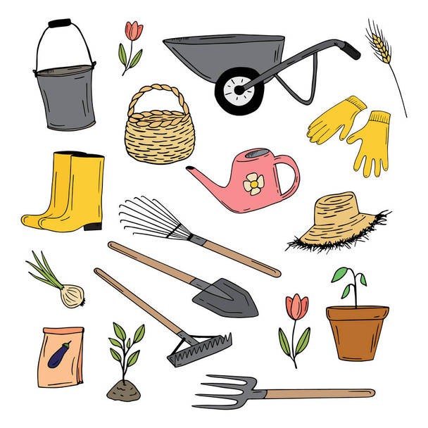 Συλλογή από σκίτσα κήπου. Εργαλεία κήπου, φυτά. Χειροποίητος κάδος φορέα χρώματος, καλάθι, καρότσι, λαστιχένιες μπότες, ψάθινο καπέλο, λαστιχένια γάντια, δίκρανο, τσουγκράνα, φτυάρι, ποτιστήρι, βλαστάρι, γιογιό λουλούδι - Διάνυσμα, εικόνα