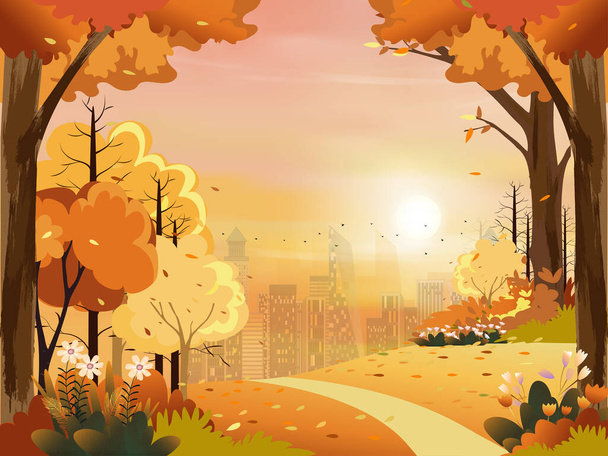 Jesienny krajobraz z parkiem miejskim z różowym, pomarańczowe niebo, Wektor ilustracja cute kreskówki w sezonie jesiennym w mieście w wieczornym świetle z zachodem słońca, Krajobraz miejski z polami trawy i kwiat w naturalnym ogrodzie - Wektor, obraz