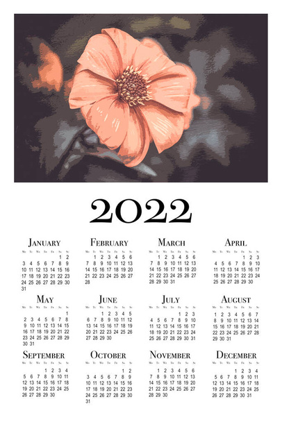 2022年の植物カレンダー。印刷可能な垂直壁のカレンダー、週は月曜日に始まります. - 写真・画像