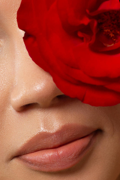 Closeup plump Lips. Lip Care, Augmentation, Fillers. Macro photo with Face detail. Natural shape with perfect contour. Close-up perfect natural lip makeup beautiful female mouth. Plump sexy full lips - Φωτογραφία, εικόνα