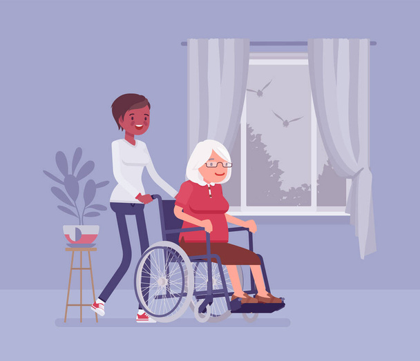invalidní vozík senior, věk zdravotně postižené ženy se zdravotní sestrou doma - Vektor, obrázek