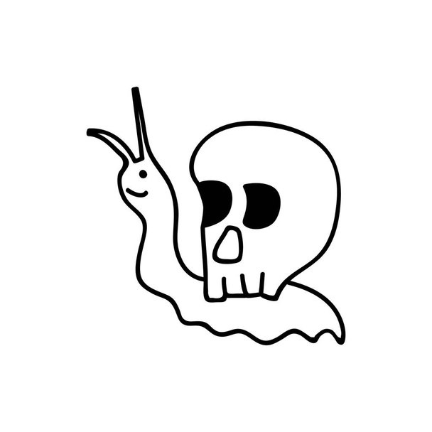 Handgetekende slak met een schedel op zijn rug. Doodle vector illustratie. Isoleer op een witte achtergrond. Goblincore-afdruk. - Vector, afbeelding