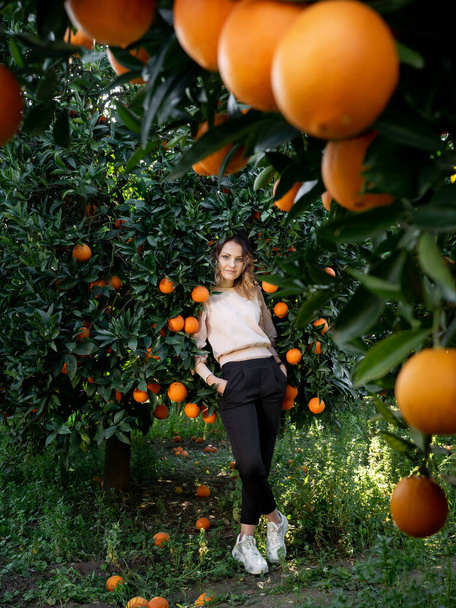 Giovane bella donna in posa nel frutteto arancione - Foto, immagini