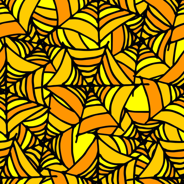 vector seamless pattern of an orange spider web with a black outline. hand-drawn doodle-style spider web with orange and yellow stripes for the Halloween holiday design template.Doodle cobweb orange pattern, great design for any purposes. Vector patt - Vektör, Görsel