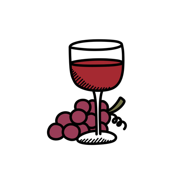 Glas mit Rotwein und Trauben-Doodle-Symbol, Vektorillustration - Vektor, Bild