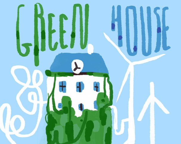 Stary dom europejski, energia odnawialna i ekologiczna z turbiną wiatrową. Ręcznie rysowane i malowane ilustracje. Prosta i minimalistyczna koncepcja ekologiczna. - Zdjęcie, obraz