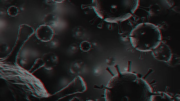 Vista microscopica di un virus infettivo. Contagio e propagazione di una malattia. Corona COVID-19. Sars. Influenza. Rendering 3D - Foto, immagini