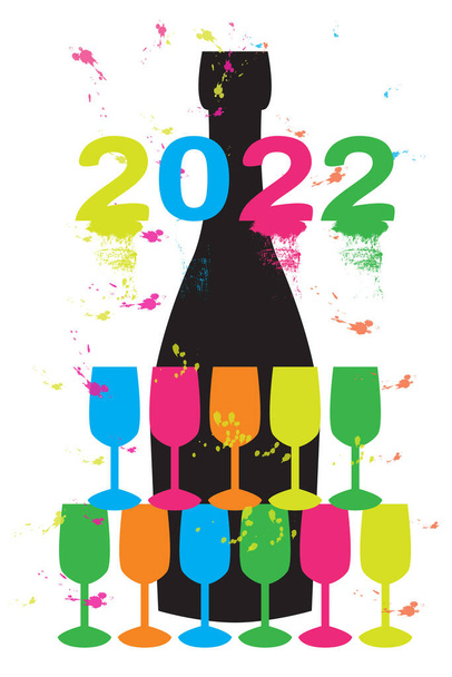 Silueta de botella negra y vasos de colores para celebrar dos mil veintidós - Vector, imagen
