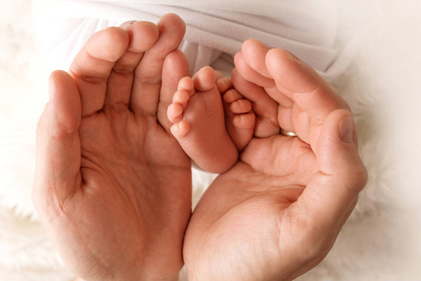 Die Hände der Eltern. Beine, Füße des Neugeborenen in den Händen von Mama und Papa. - Foto, Bild