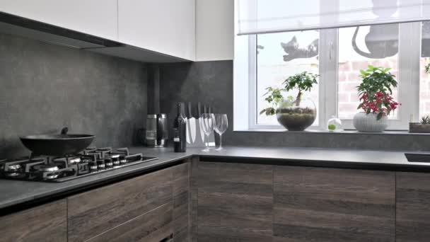 Moderni ylellinen tummanruskea, harmaa ja musta keittiö yksityiskohtia - Materiaali, video