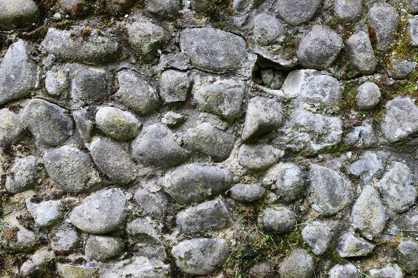 Old concrete stone wall overgrown with moss. Wall texture. - Photo, Image