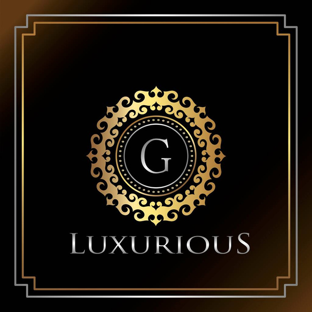 Letra de logotipo de oro insignia adornada de lujo G. Plantilla de logotipo inicial de lujo decorativo adornado de elegancia Color dorado. - Vector, Imagen