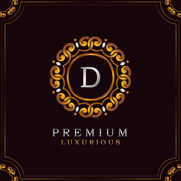 Golden Premium Luxury Mandala Badge Letter D Λογότυπο Σχεδιασμός. Κομψότητα Διακόσμηση σήμα Mandala Διακόσμηση σε χρυσό πλαίσιο . - Διάνυσμα, εικόνα
