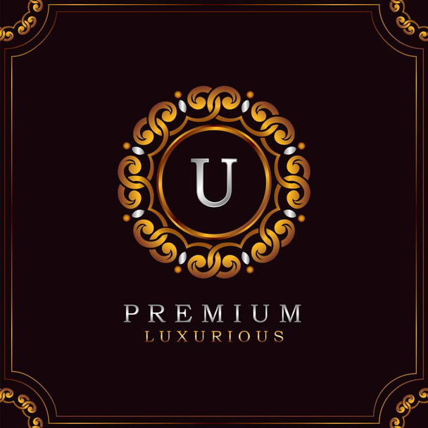 Golden Premium Luxury Mandala Badge Letter U Logo Design. Elegance Ornate Decoration Mandala Badge On Golden Frame . - Vector, Image