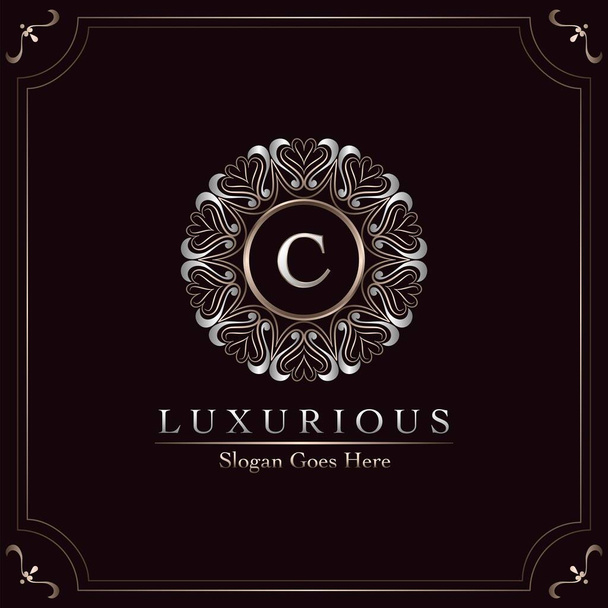 Elegance Ornate Luxury Mandala Badge Letter C Logo Design Decorative Frame Template - Vector, Image