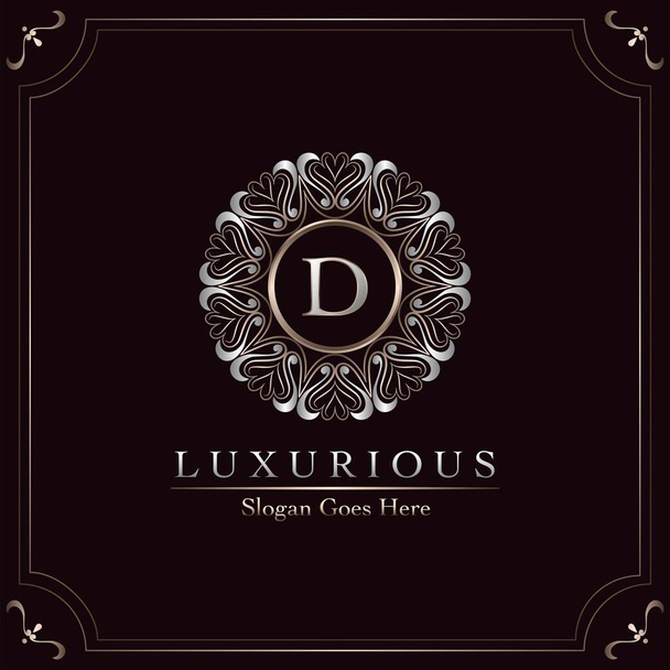 Elegance Ornate Luxury Mandala Badge Letter D Logo Design Decorative Frame Template - Vector, Image