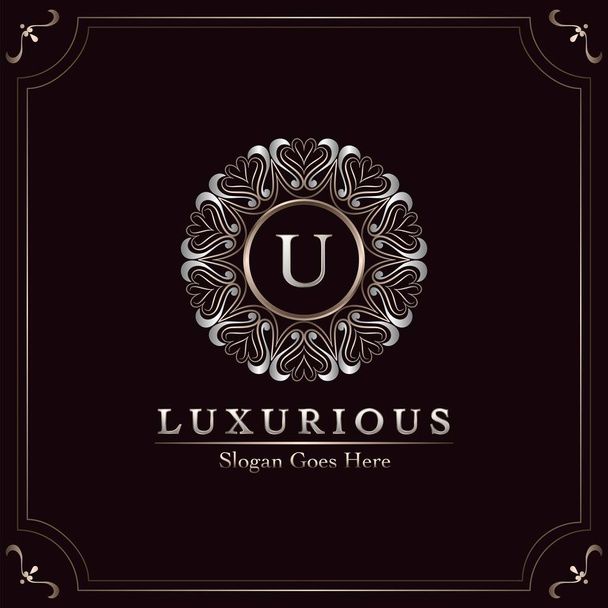 Elegance zdobené luxusní Mandala odznak písmeno U logo Design dekorativní rám šablony - Vektor, obrázek