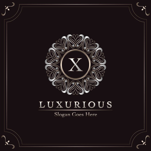 Elegance Ornate Luxury Mandala Badge Letter X Logo Design Decorative Frame Template - Vector, Image