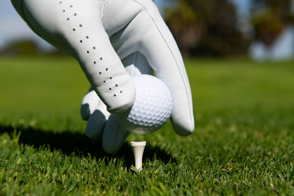 Hand putting golf ball on tee in golf course. Golf ball in grass. - Fotografie, Obrázek