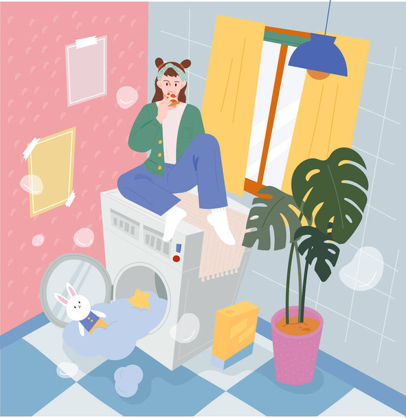 lavanderia. Una ragazza è seduta su una lavatrice traboccante di acqua e mangiare pizza. disegno piatto stile minimale illustrazione vettoriale. - Vettoriali, immagini