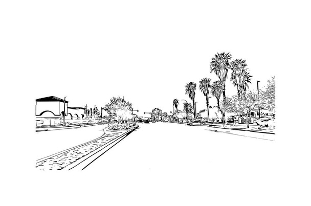 Вид Print Building з орієнтиром Фонтани - місто в Каліфорнії. Намальована вручну ілюстрація у векторі. - Вектор, зображення