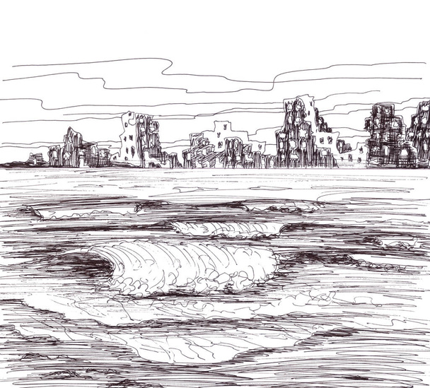 mar y paisaje post-apocalíptico, dibujo gráfico en blanco y negro - Foto, Imagen