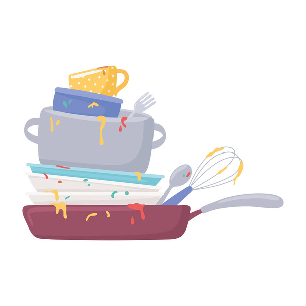 stack of dirty dishes - Vector, Image