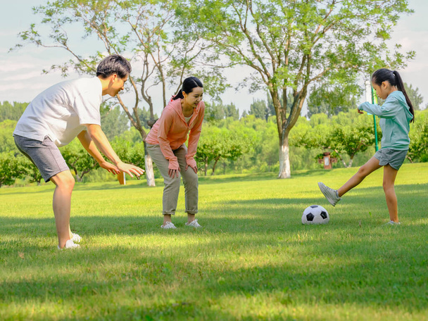 Happy family of three playing football in the park - Foto, Imagem