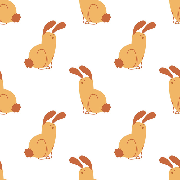 シームレスかわいい漫画ペットウサギのドアパターン。左右非対称のミニマルな2トーンのジェンダーニュートラルカラー。子供の保育園壁紙や気まぐれなキャラクターファッション｜print. - ベクター画像